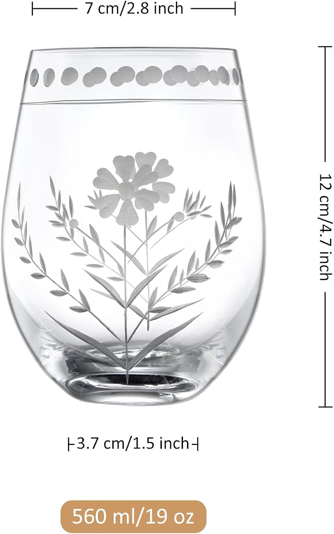 Joeyan Hand Blown Etched Stemless Wine Glasses, Carved Red and White Wine - Image 7