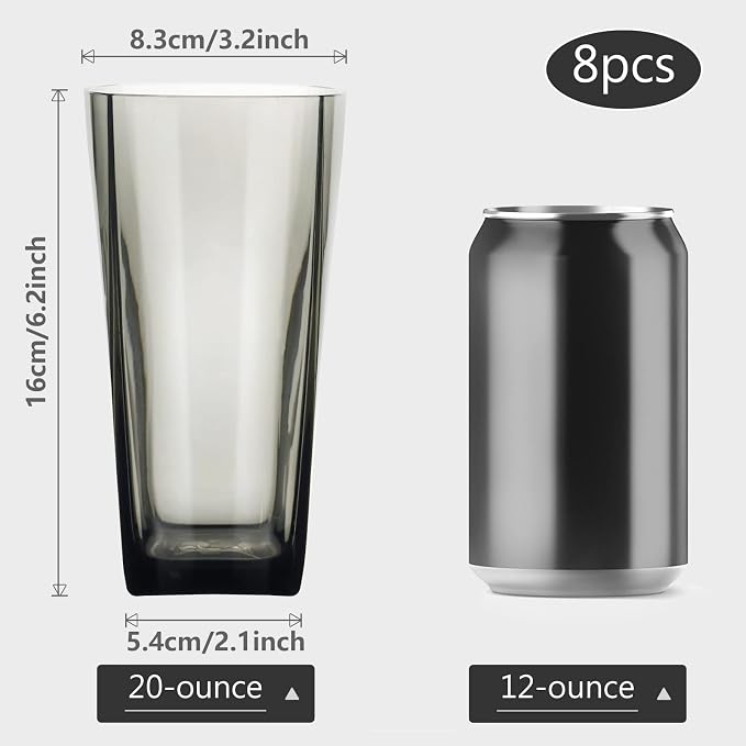 Goldmeet Black Glass Cups Set of 8, 20oz Shatterproof Square Tumblers | BPA-Free - Image 2
