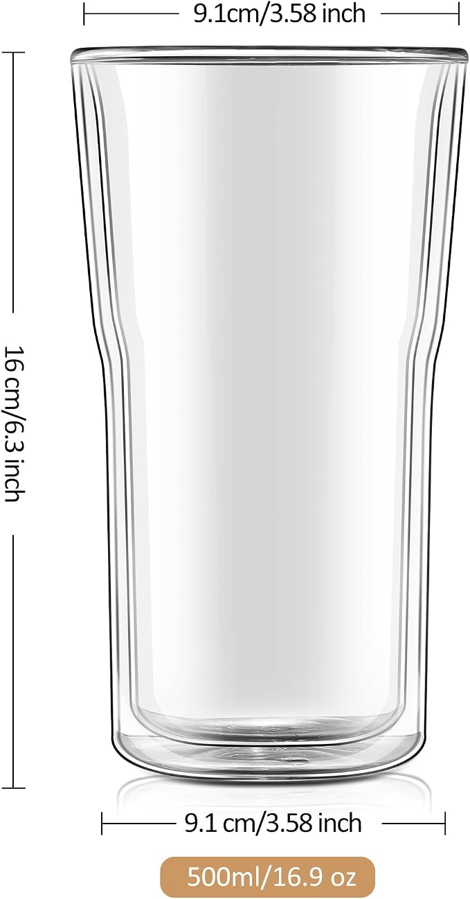 Joeyan Glass Double Walled Beer Drinking Glasses Tumbler 16 oz, Double Layer - Image 7