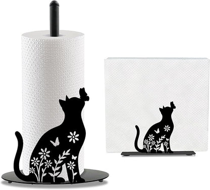 Cat Paper Towel Holder, Black Cat Countertop Kitchen Decor Indoor with Round Base, Cats Lover Gifts, Iron Kitty Napkin Holder Stand Accessories for Bathroom Kitchen Dining, 2 PCS