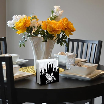 Dragon in Castle Decorative Black Metal Napkin Holder for Table, 4.9" x 4.9" x 1.9" Standing Napkin Holder for Home Kitchen Restaurant Picnic Party Coffee Bar Dining Room