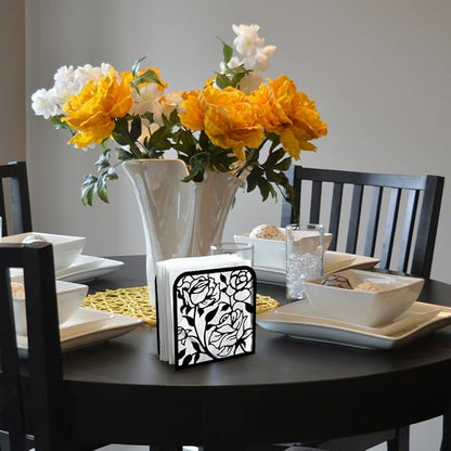 Rose Flower Decorative Black Metal Napkin Holder for Table, 4.9" x 4.9" x 1.9" Standing Napkin Holder for Home Kitchen Restaurant Picnic Party Coffee Bar Dining Room