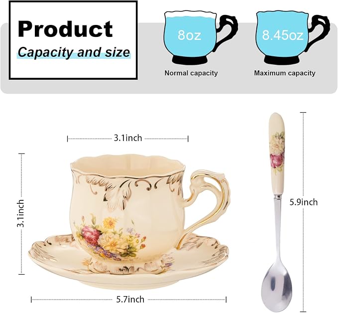 YOLIFE Tea Cups and Saucers Set of 2, 8 OZ Flowering Shrubs | Ivory Vintage - Image 2
