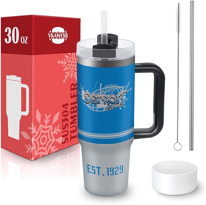 Detroit 30 oz Tumbler with Handle and Straw,Car cup,Coffee Mug,100% Leakproof Insulated Tumbler with Lid and Straw,Made of Stainless Steel,Cup Holder Friendly Base,Classic Collection Gifts for Fans