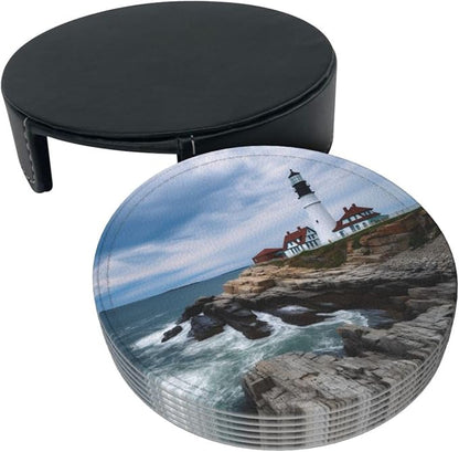 Lighthouse Beach Sky Leather Coasters Set of 6 - Image 8