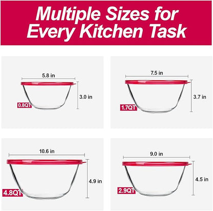KOMUEE Glass Mixing Bowls with Lids Set, 4-Piece Nesting Kitchen Bowls for Salad, Serving, and Baking, Oven Safe Glass Bowl