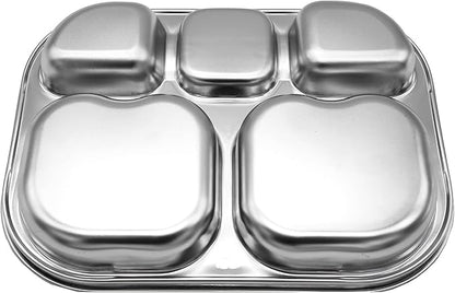 Korean Stainless Steel Divided Plates for Toddlers, Kids, Babies, Premium 304, Electro-Polished, No Black Residue, BPA-Free, 5-Compartment Food Tray, Camping, Picky Eaters, Set of 2