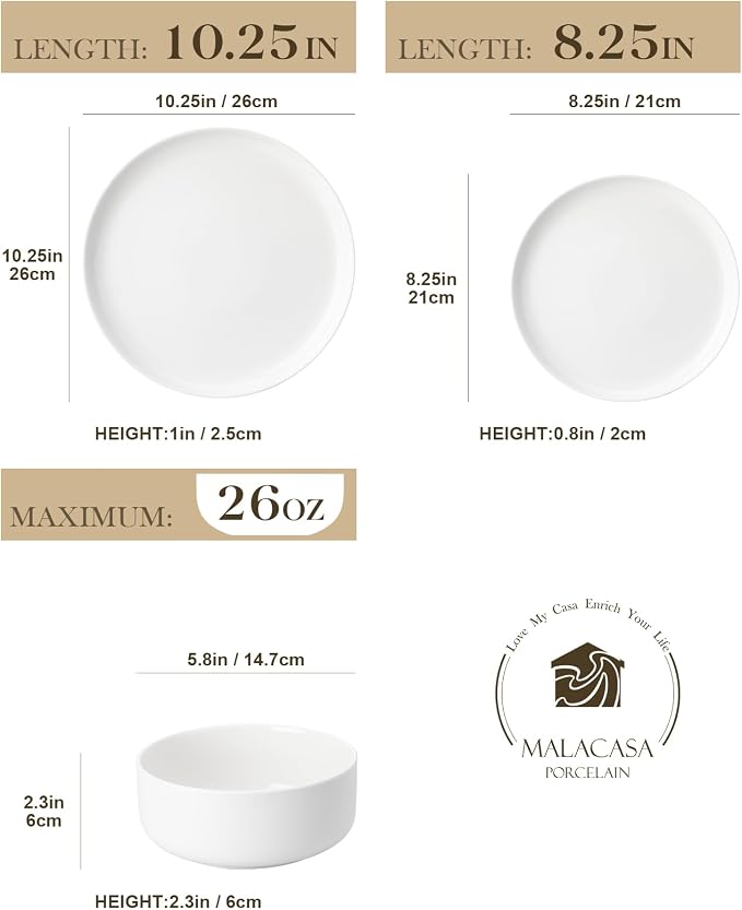 MALACASA Plates and Bowls Sets, 12 Pieces Porcelain Dinnerware Sets Dishware - Image 2