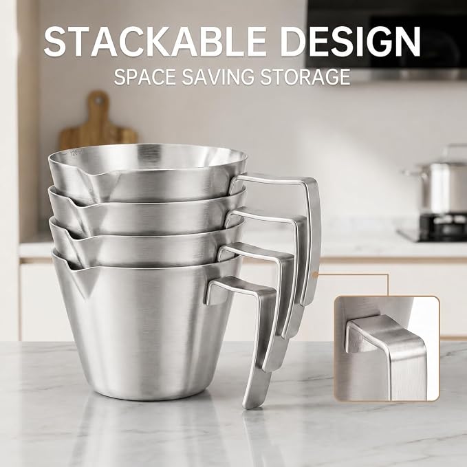 2Pc Espresso Measuring Cups, Double Spouts Stainless Steel, Sliver | Espresso - Image 5