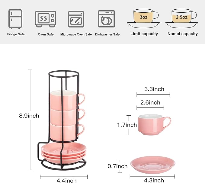 YOLIFE 2.5oz Espresso Cups Set of 4, Porcelain Stackable Espresso Cups - Image 2