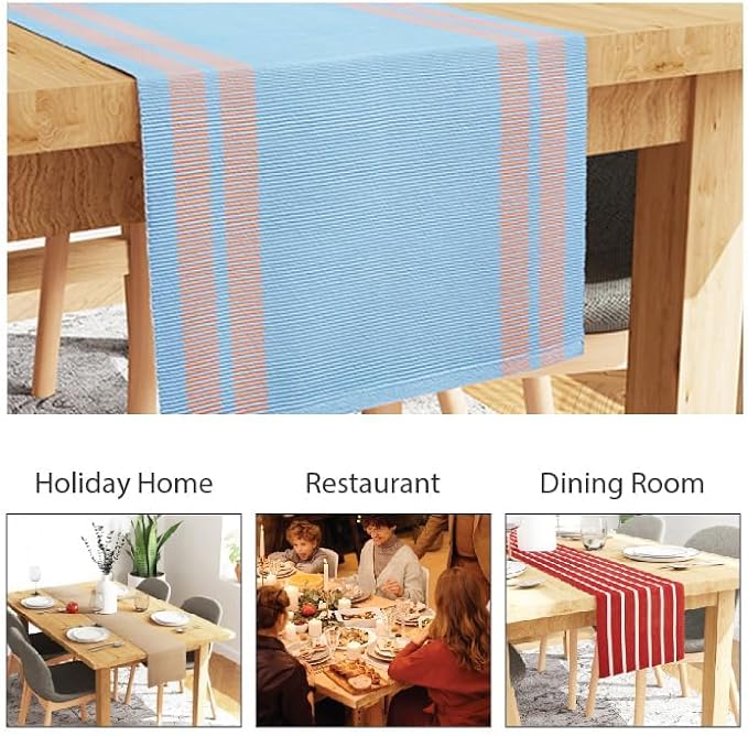 Encasa XO Table Runner, Yarn Dyed Ribbed Cotton 13"x94" | Ladder Blue, 12-Ply - Image 3