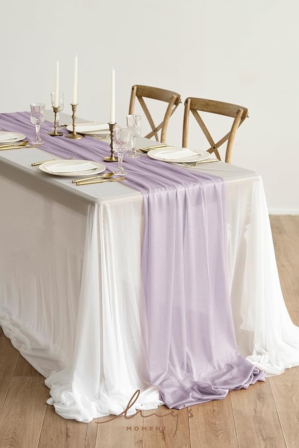 Ling's Moment 14Ft Light Purple Table Runner, Wedding Chiffon Table Runners | - Image 2