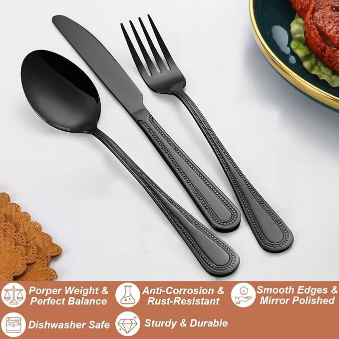 20 Pcs Black Silverware Set for 4, Food Grade Stainless Steel Flatware Set - Image 3