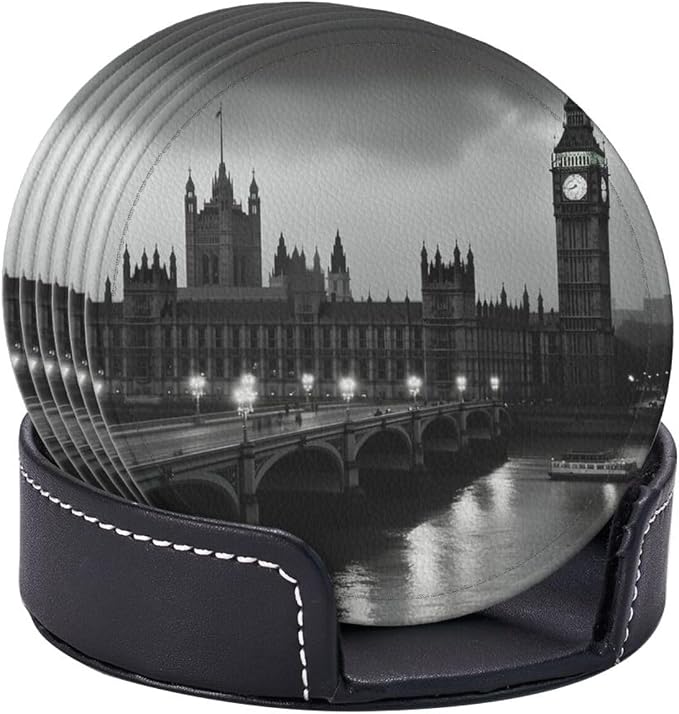 6Pcs PU Leather Coaster for Drinks, London Cup Coasters - Image 9