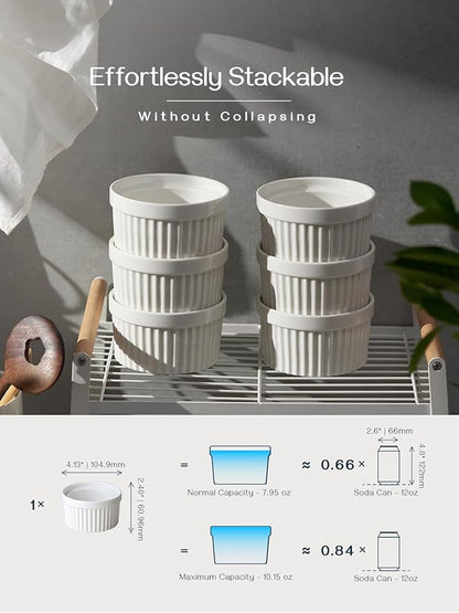 DOWAN Ramekins 10 oz Oven Safe for Creme Brulee, Porcelain Souffle Dishes, Ramekin for Baking, Small Dessert Bowls Dipping Sauce Cups, Set of 6, Soft White
