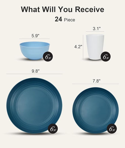 Quatish 24 Piece Plates and Bowls Sets for 6, Unbreakable Dinnerware Sets, Plastic Dish Set for Camping, Dishwasher Microwave Safe, Outdoor Kitchen and Apartment Dinning RV Essentials, Blue