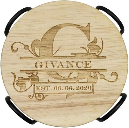 Personalized Wooden Coasters, Custom Engraved Monogram Coasters - Great Gifts (XL, Set of 4)
