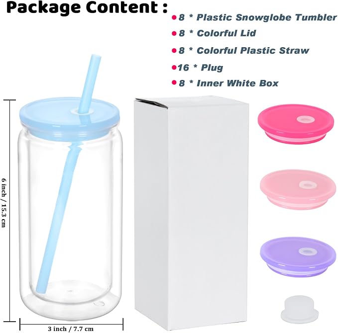 16 Oz Plastic Snowglobe Tumbler, 8 Pack Pre-Drilled Double Wall Plastic Clear - Image 6