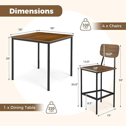 COSTWAY Dining Table Set for 4, 5-Piece Square Kitchen Nook Dinette Set with 4 Bar Stools with Footrest, Backrest, Space-Saving Design, Industrial Kitchen Table and Chairs for Apartment, Brown