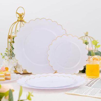 LIYH 120 Pcs White Plastic Scalloped Plates - Gold Fancy Disposable Plastic Plates Includes 60 Dinner 10.25" & 60 Dessert Plate 7.5" Elegant Gold Rim for Party Birthday Valentines Day