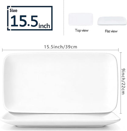 White Serving Platters Set of 2, 15.5 Inch Large Rectangular Serving Platters, Ceramic Serving Plates, Porcelain Platter for Food, Appetizer, Sushi, Steak