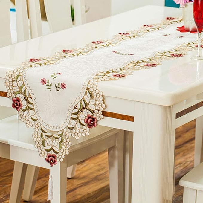 LeLehome 15 Inch X 96 Inch Table Runner, Classic Flowers Embroidered Lace Beige - Image 7