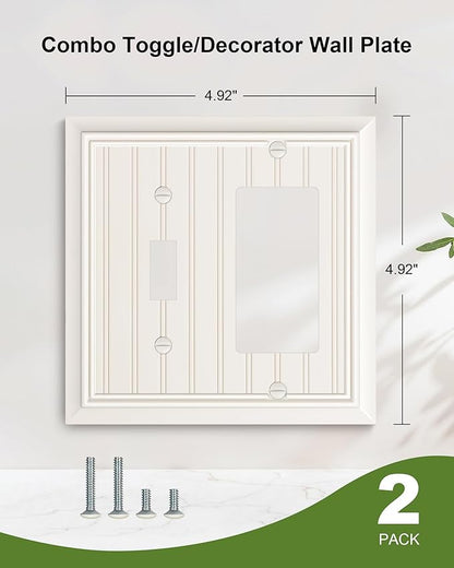 2-Pack Classic Beadboard Combo Toggle/Decorator Light Switch Cover Plate, Light Almond Decorative Electrical Outlet Covers, Durable Natural Bamboo Fiber Switch Plates and Outlet Covers