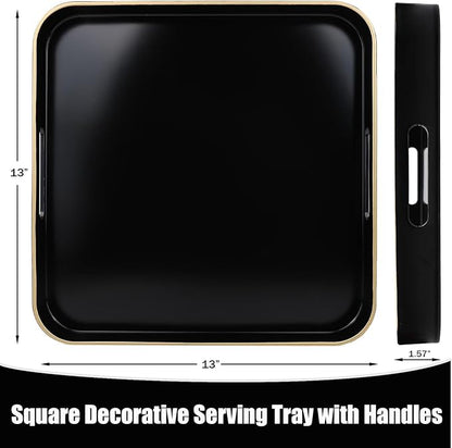 Black Square Decorative Tray with Handles, 13"*13" Versatile Serving Tray for Coffee Table, Ottoman, Ideal for Serving, Displaying, Organizing