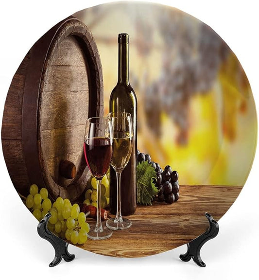 Decorative Plates, Wine Print Ornament, Red and White Wine Bottle Glass on Wooden, 6 Inch, 1 Plate with 1 Display Stand, Brown Light Green Yellow