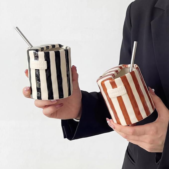 2 Pack Ceramic Coffee Mug with Sip Hole Espresso Cup 10oz with Straws Retro - Image 6