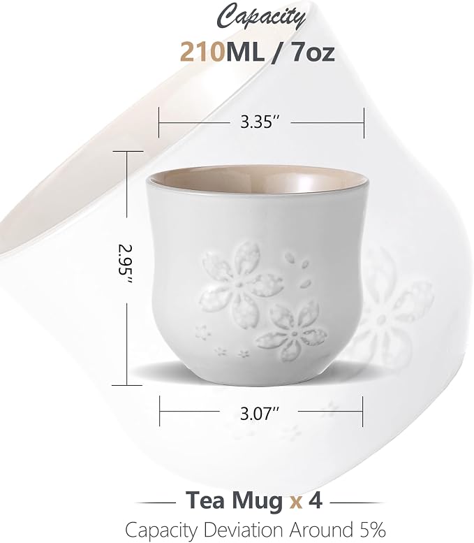 ZENS Japanese Tea Cups Set of 4 – 210ML Embossed Porcelain Japan Tea Cups - Image 2