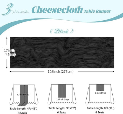 3 Pack Black Cheesecloth Table Runner, 17 x 108 inch, Semi Sheer Boho Cheese - Image 3