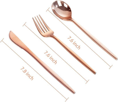 PULOTE 150PCS Rose Gold Plastic Silverware Set - Heavy Duty Rose Gold Utensils - Plastic Cutlery Disposable - Include 50 Forks, 50 Knives, 50 Spoons for Party & Wedding
