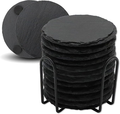 12 Pack Slate Drink Coasters with Metal Holder, VIBRATITE 4 Inch Black Slate Stone Coasters Bulk Laser Engraving Blanks with Anti-Scratch Bottom for Drink Coffee Bar Kitchen Home Decor, Round