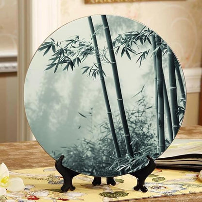 10 Inch Monochrome Bamboo Sanctuary Decorative Ceramic Plates with Display Stand Ideal for Household Wall Hanging and Decor DP-029497059