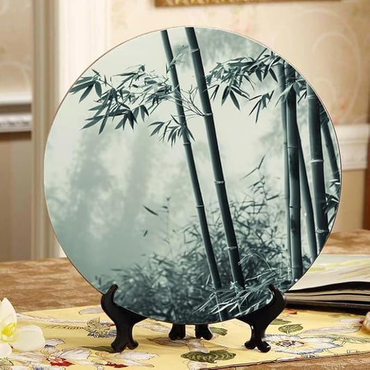 10 Inch Monochrome Bamboo Sanctuary Decorative Ceramic Plates with Display Stand Ideal for Household Wall Hanging and Decor DP-029497059
