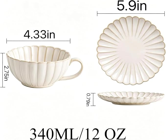 Vintage Porcelain Coffee Cup and Saucer Set, 12 OZ Ceramic Latte Mug - Image 3
