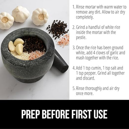 GORILLA GRIP Heavy Duty XL Mortar and Pestle Set with Slip Resistant Base, 4 Cup, 100% Granite Stone Molcajete Guacamole Bowl, Grind Seeds, Spices, Crush Garlic, Kitchen Muddler for Fresh Herbs, Black