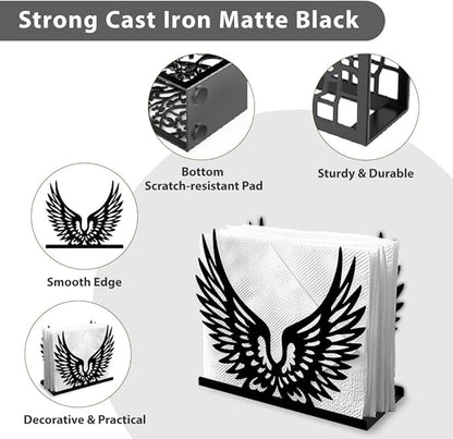 Feathered Wings Decorative Black Metal Napkin Holder for Table, 4.9" x 4.3" x 1.9" Bird Wings Standing Napkin Holder for Home Kitchen Restaurant Picnic Party Coffee Bar Dining Room