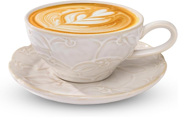Ceramic Latte Cup with Saucer, 12 OZ Cappuccino Cup Vintage Cafe Art Cups by Unknown