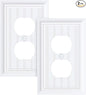 2-Pack Classic Beadboard Duplex Outlet Cover Plate, Decorative Pure White Switch Plates and Outlet Covers, Natural Bamboo Fiber Wall Plates for Electrical Outlets, 1 Gang Receptacle Cover