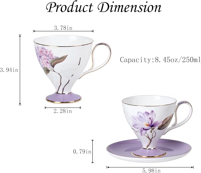 KAMMAK Tea Cups Set of 2, Ceramic Floral Pattern Demitasse Cup | Porcelain - Image 2