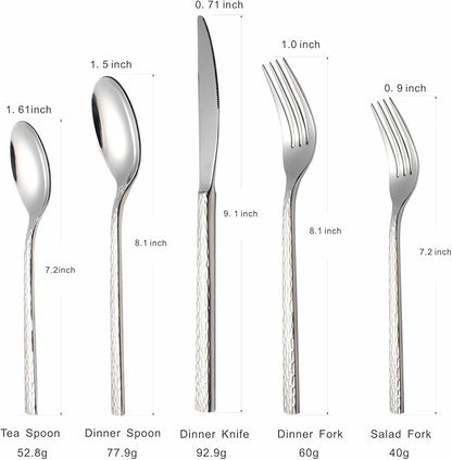 Hammered Silverware Set for 4, 20-Piece Stainless Steel Flatware Cutlery Set, Includes Dinner Knives,Dinner Forks, Tea Spoons, Dinner Spoons, Salad forks, Mirror Polished - Dishwasher Safe
