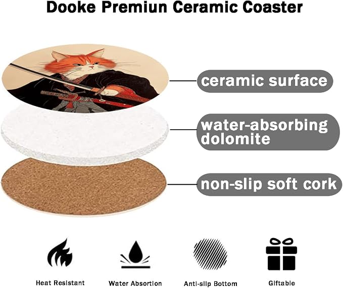 Dooke Coasters for Drinks, Round Absorbent Ceramic Stone Coasters Set of 6 - Image 5