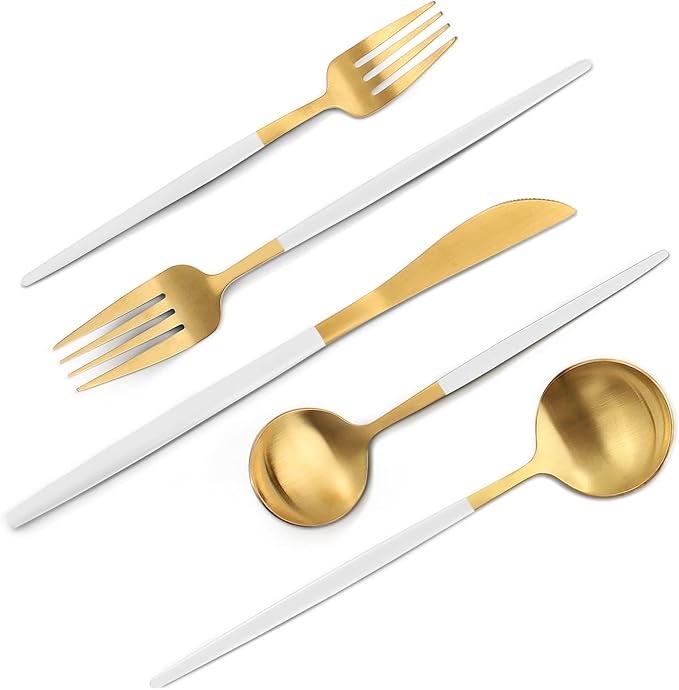 VANVRO Matte White Gold Silverware Set, 40-Piece Stainless Steel Flatware Set by VANVRO