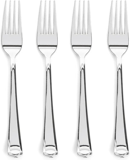 Prestee 300 Count Plastic Forks - 7 Inch Heavy Duty Disposable Silverware - Bulk Fancy Silver Fork Set for Table Decor - Durable Plastic Silverware for Parties, Events and Christmas Holidays