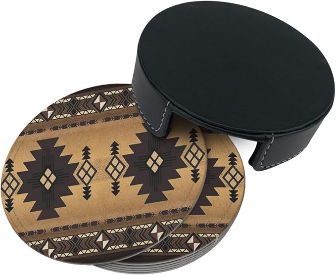 6 Pcs Brown Western Southwest Modern Geometric Abstract Art Leather Coasters - Image 5