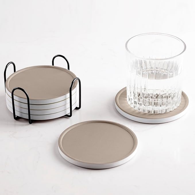 Set of 6 Taupe Coasters with Holder, Absorbent Ceramic Drink Coasters with Cork by Hoomey