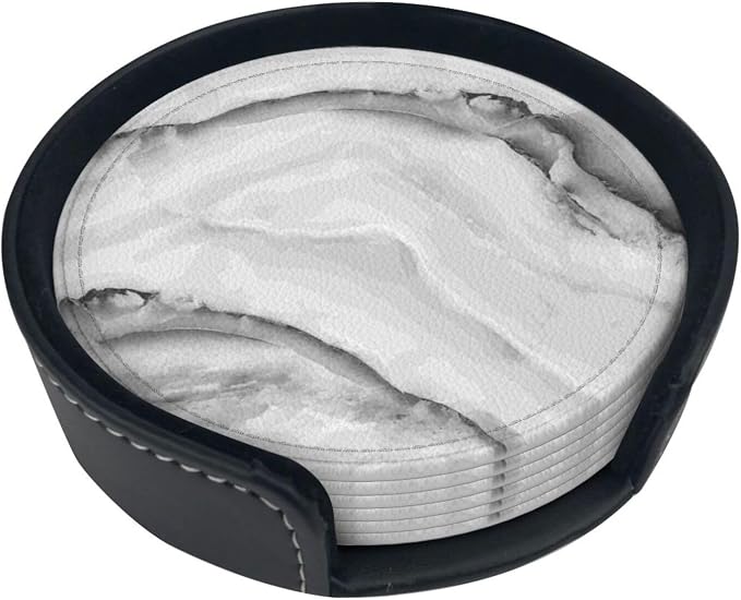 6 Pcs Simple Crystal White Gray Marble Leather Coasters - Image 2