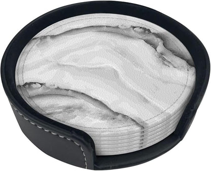 6 Pcs Simple Crystal White Gray Marble Leather Coasters - Image 2